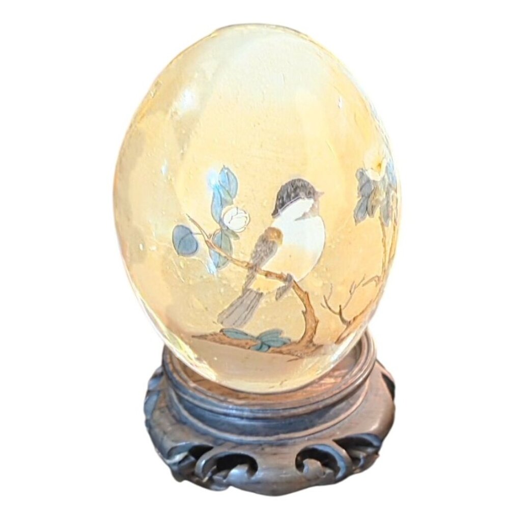 Vintage Art Globe Hand‎ Blown Glass Asian Bird & Floral W/ Wooden Base apx 6"H